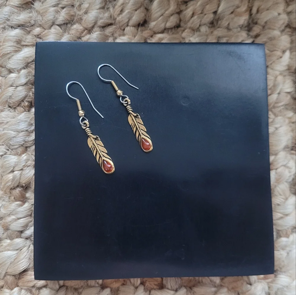 Brassy Feathered Dangle Earrings with Amber Colored Stone - Picture 2 of 4